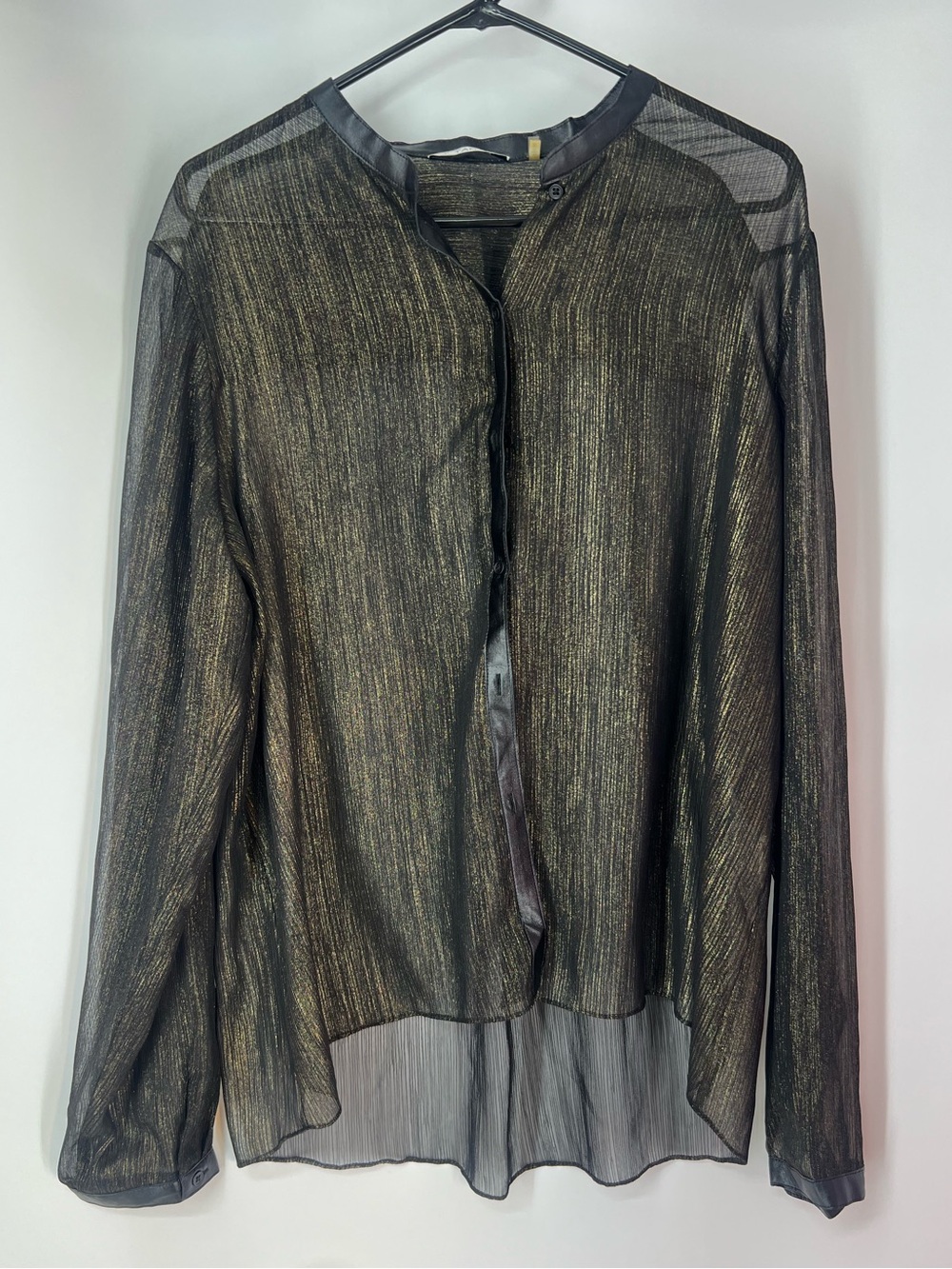 T Tahari Sheer Metallic Long-Sleeve Blouse Black Gold